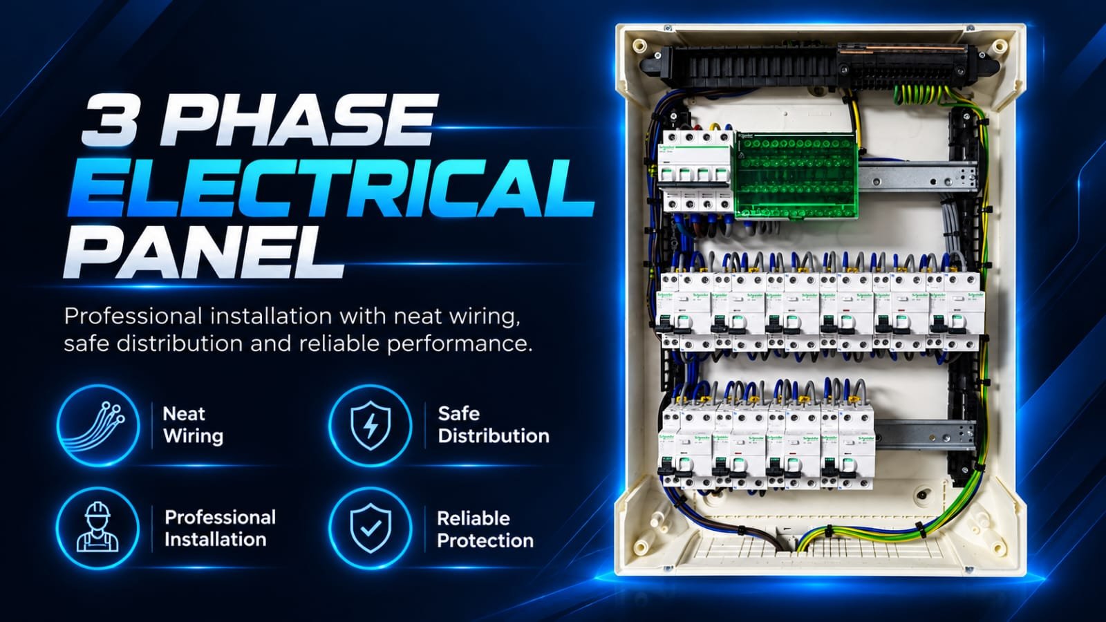 Three-phase electrical distribution panel with clean wiring and circuit breakers