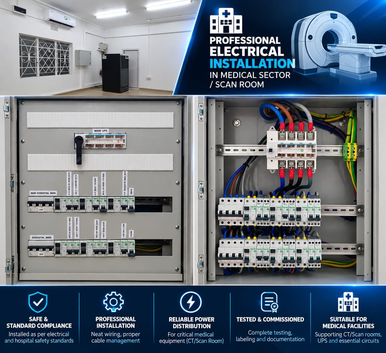 Professional electrical installation in medical CT scan room with Schneider switchgear