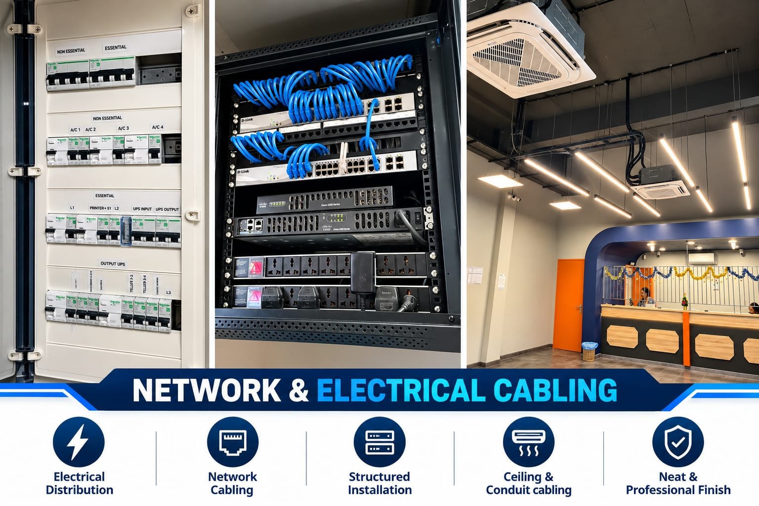 Integrated commercial electrical distribution board and network rack cabling