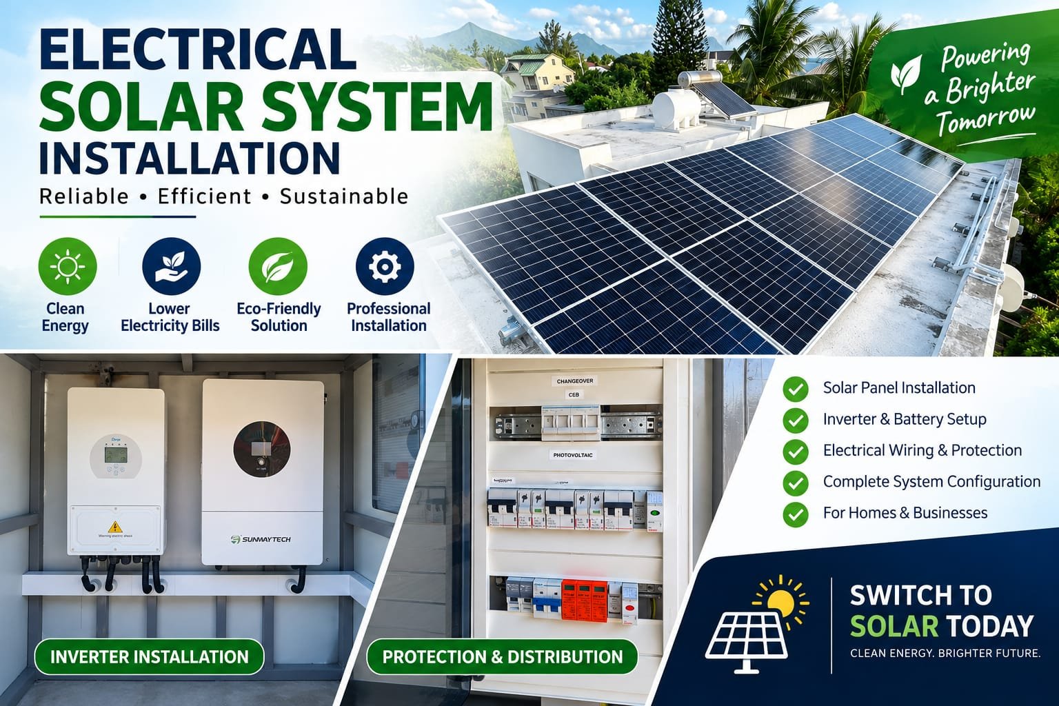 Solar photovoltaic system installation with inverter and distribution switchgear