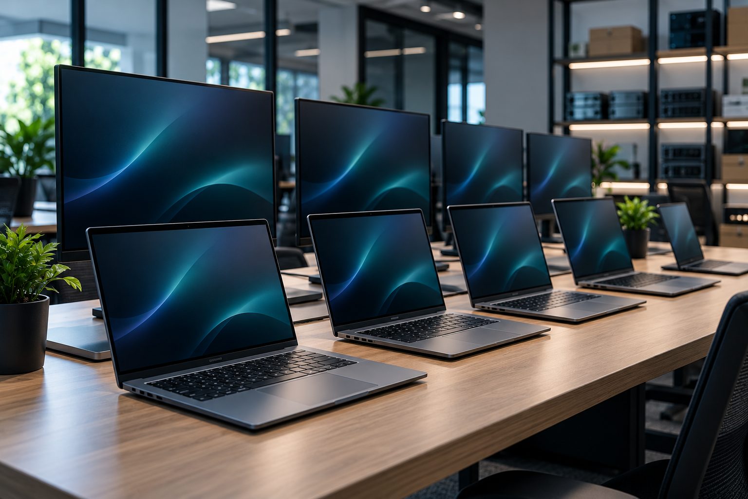 Laptops and monitors ready for setup