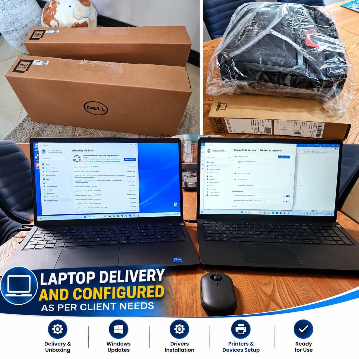 Client laptop delivery fully configured with Windows updates, drivers and accessories