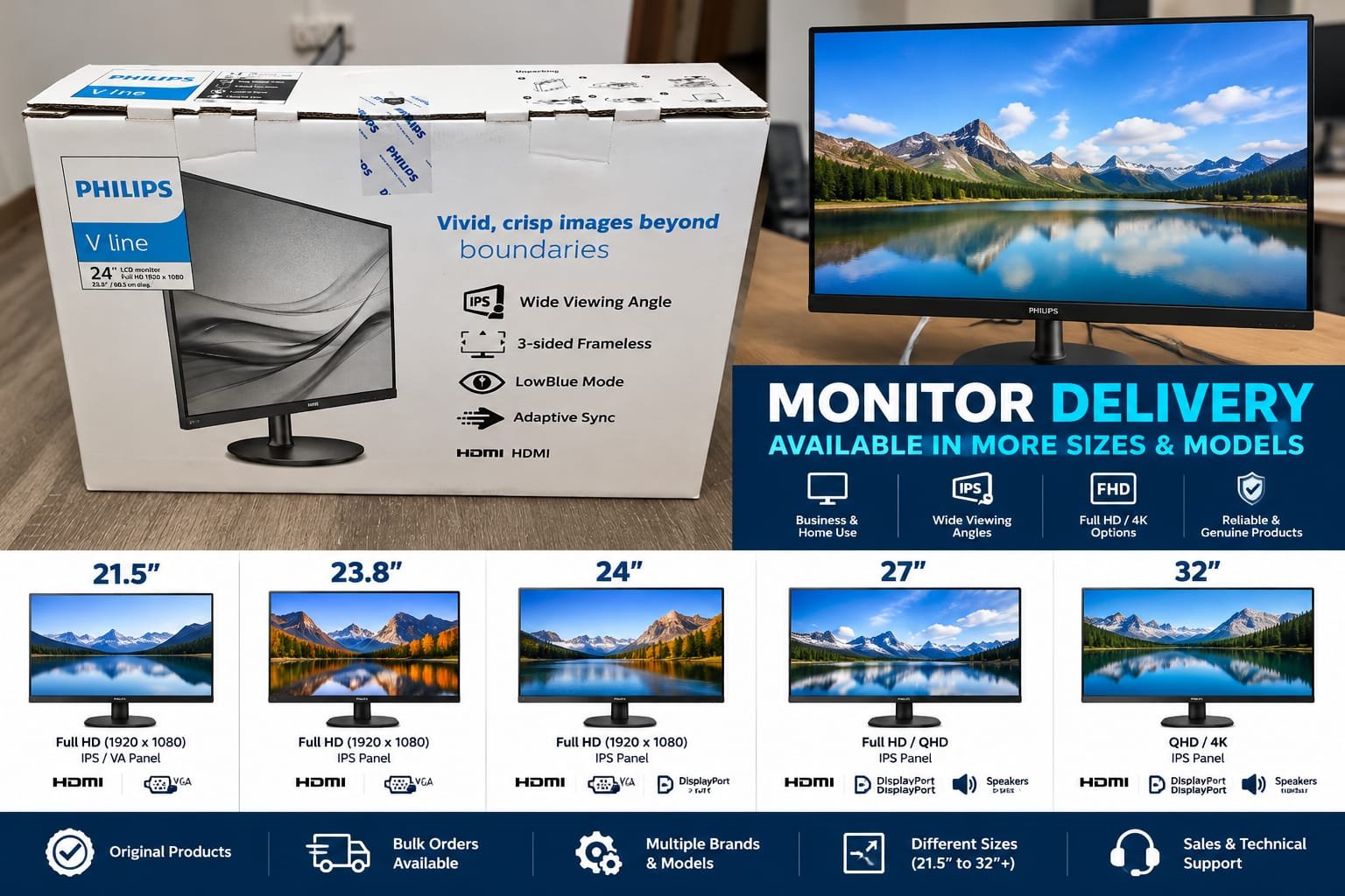 Philips frameless monitors delivery available in 21.5 to 32 inch sizes
