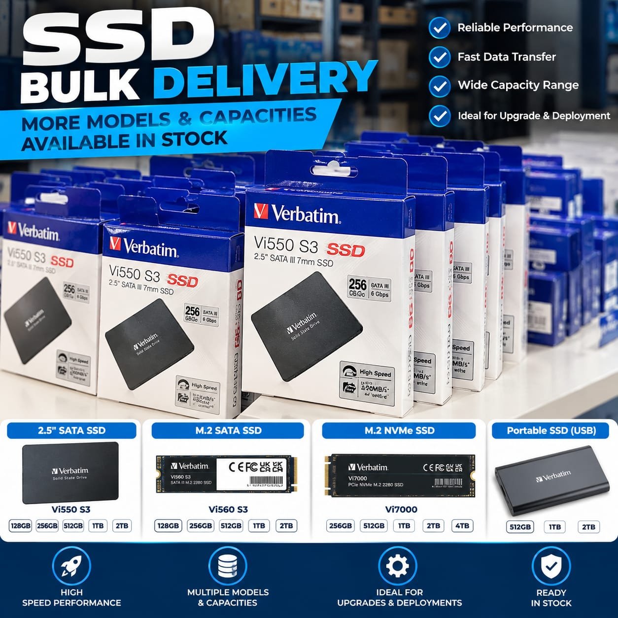 Verbatim Vi550 and Vi7000 SSD bulk stock in 2.5 SATA and M.2 NVMe models