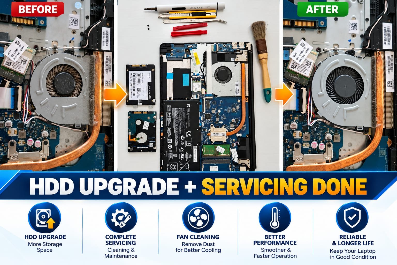 Comprehensive laptop servicing, fan dust cleaning and SSD upgrade before and after