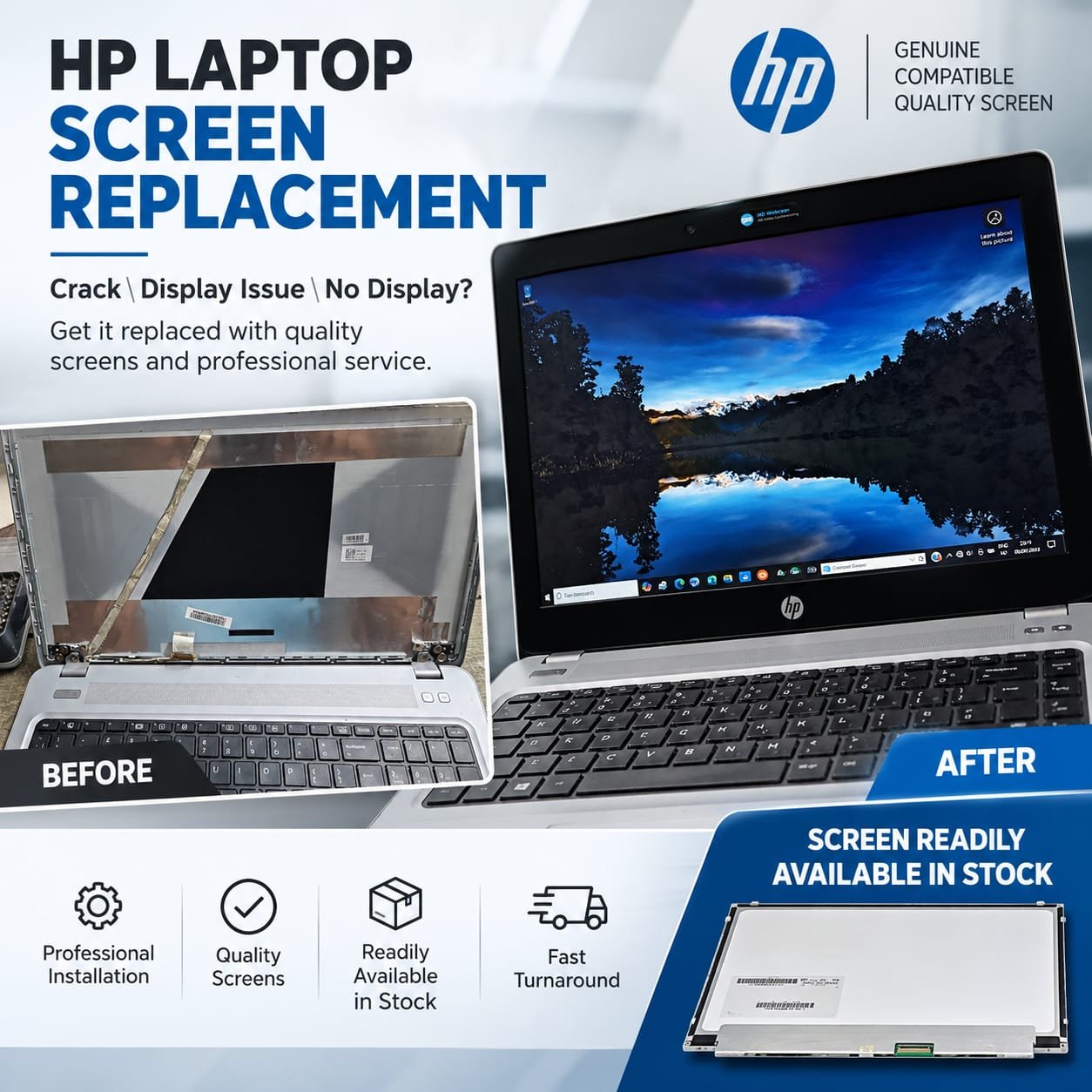 HP laptop screen replacement service showing damaged display replaced with crystal clear screen