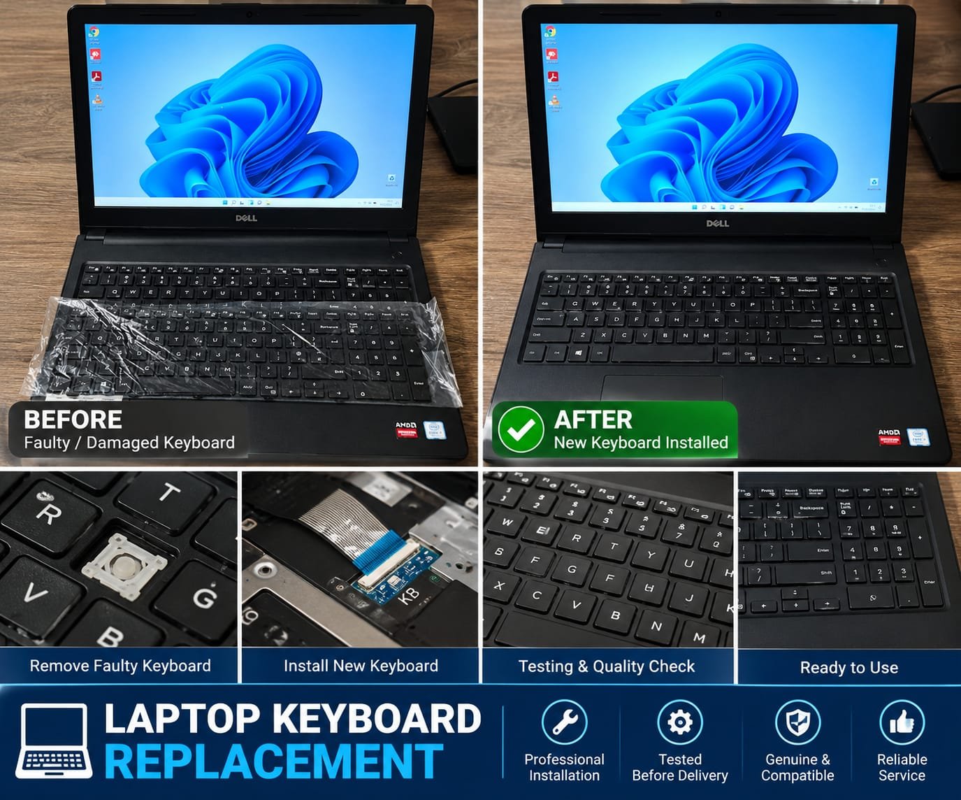 Dell laptop keyboard replacement showing faulty keyboard replaced with brand new keyboard