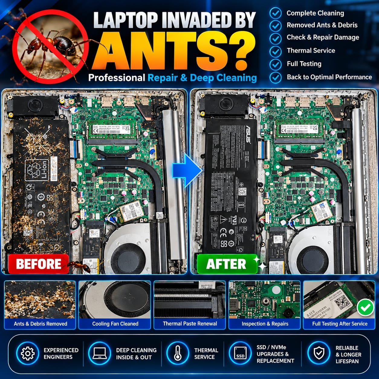 Deep cleaning and motherboard decontamination after ant infestation