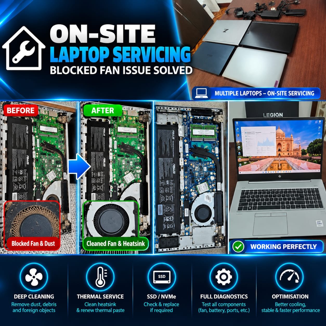 On-site laptop servicing with blocked fan and heatsink cleaning