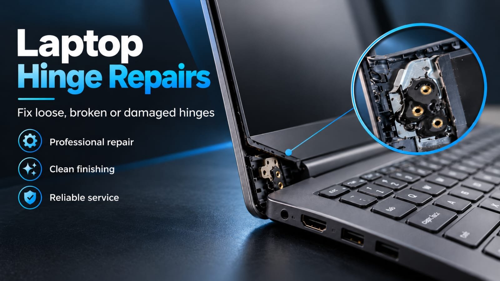 Close-up of laptop hinge repair and chassis bracket reinforcement