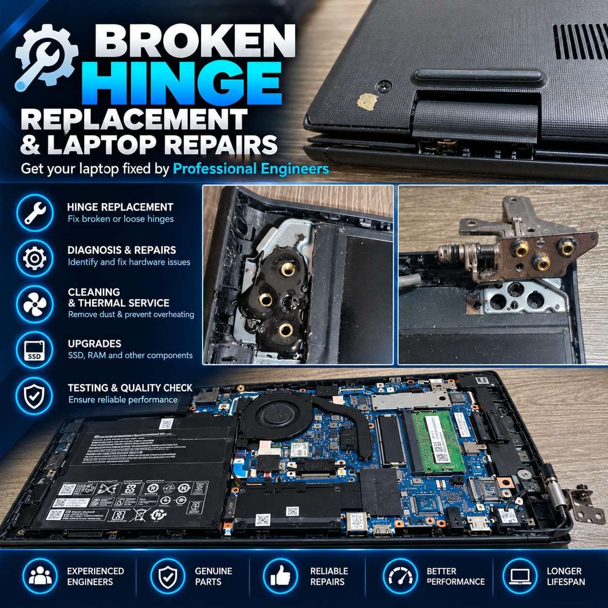 Broken laptop hinge replacement and structural chassis repair