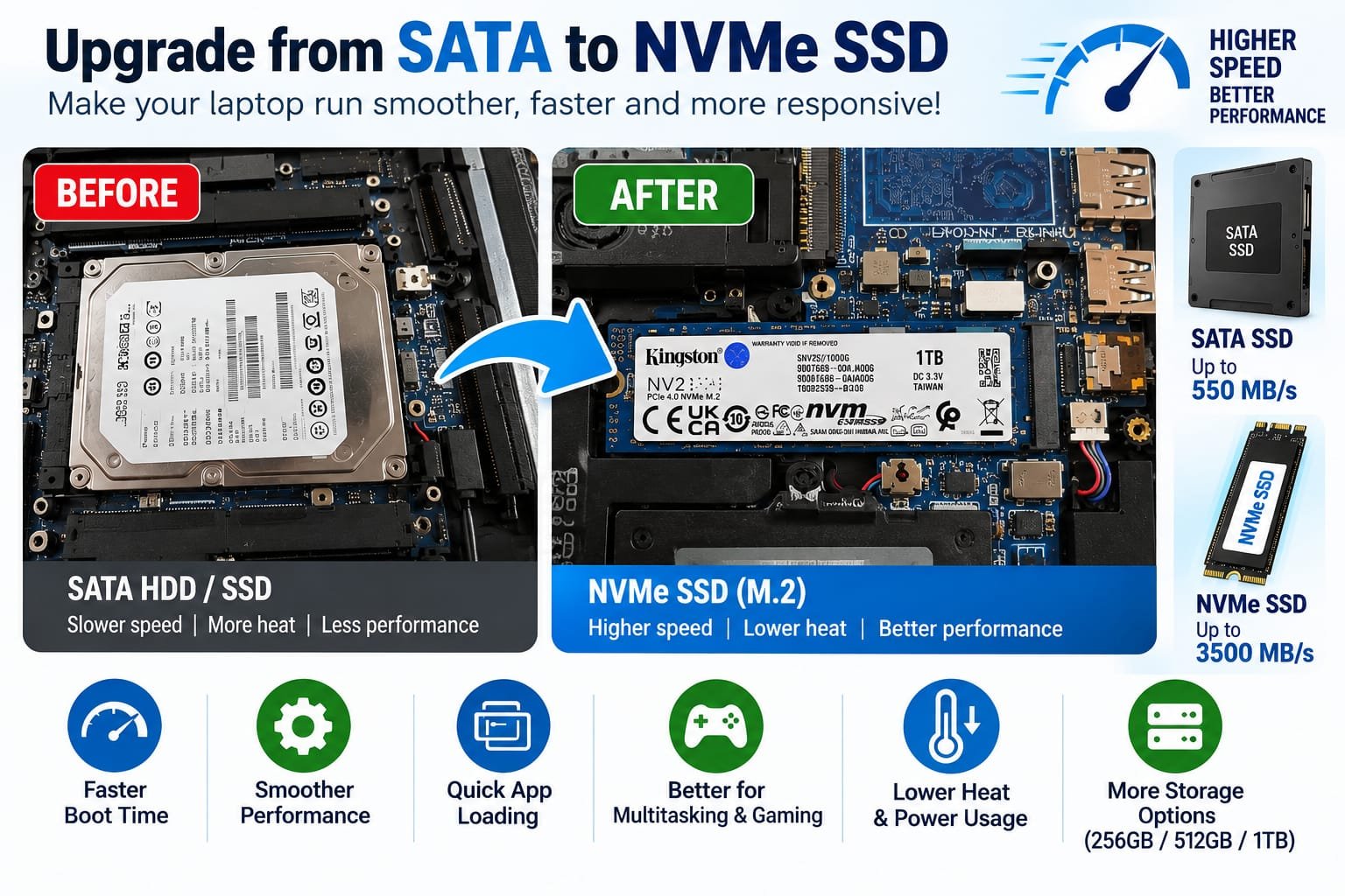 Storage speed upgrade from slow SATA HDD to Kingston NV2 M.2 NVMe SSD