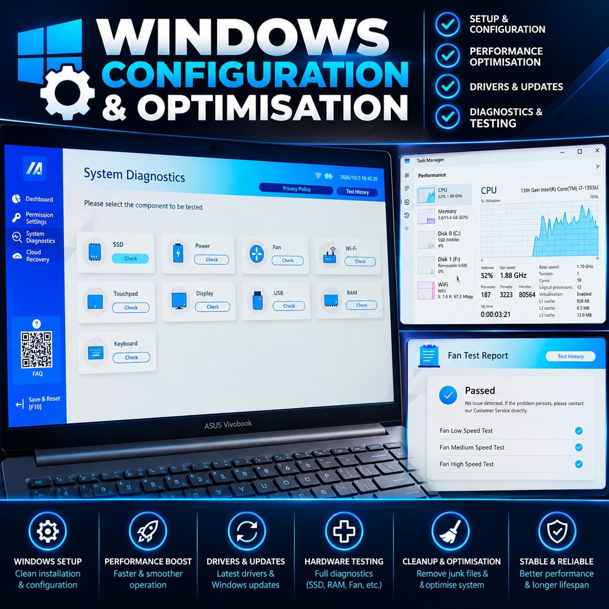 Windows setup, performance optimisation and diagnostic testing