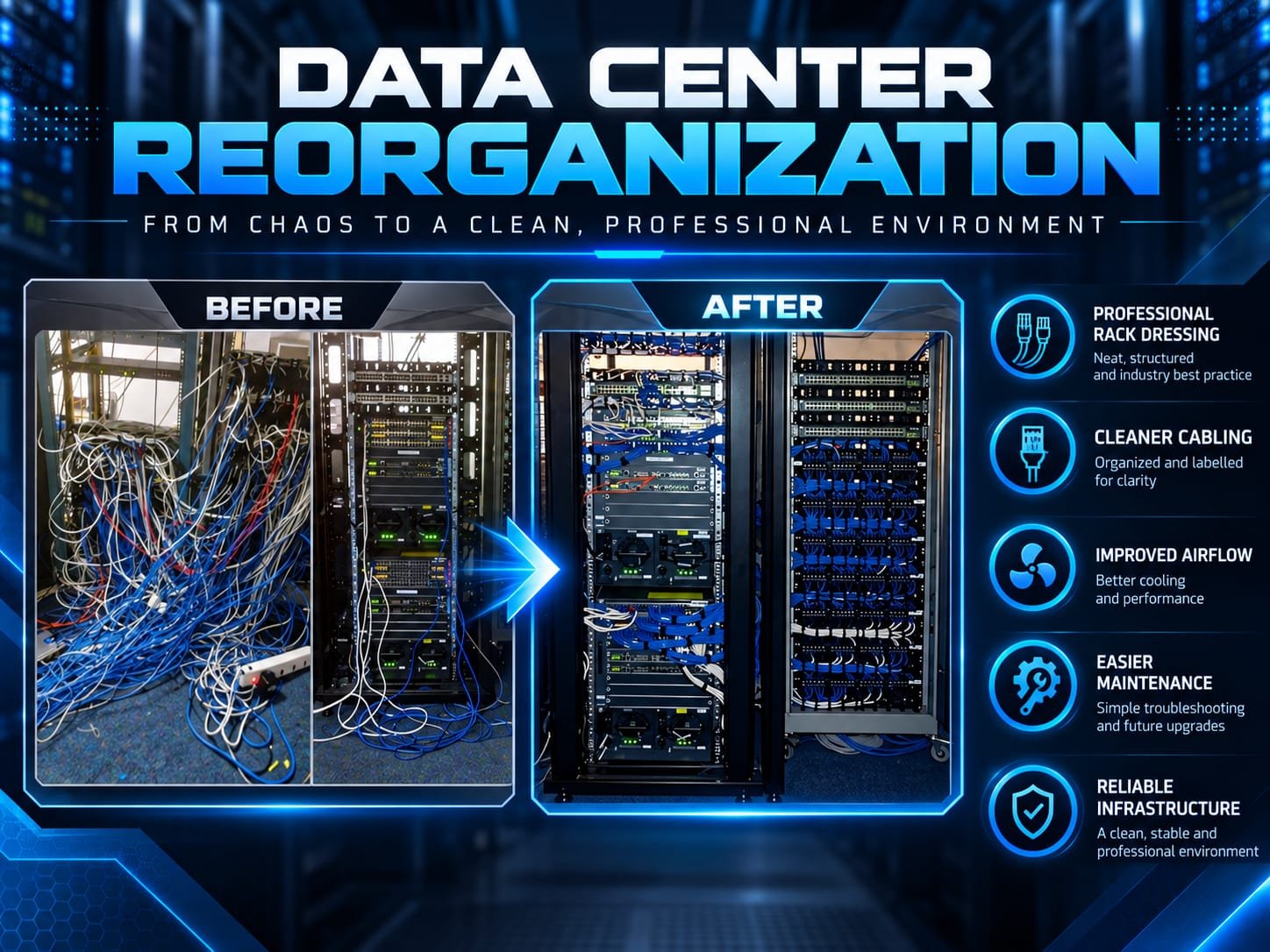 Data center server rack reorganization from chaotic cabling to neat structured dressing