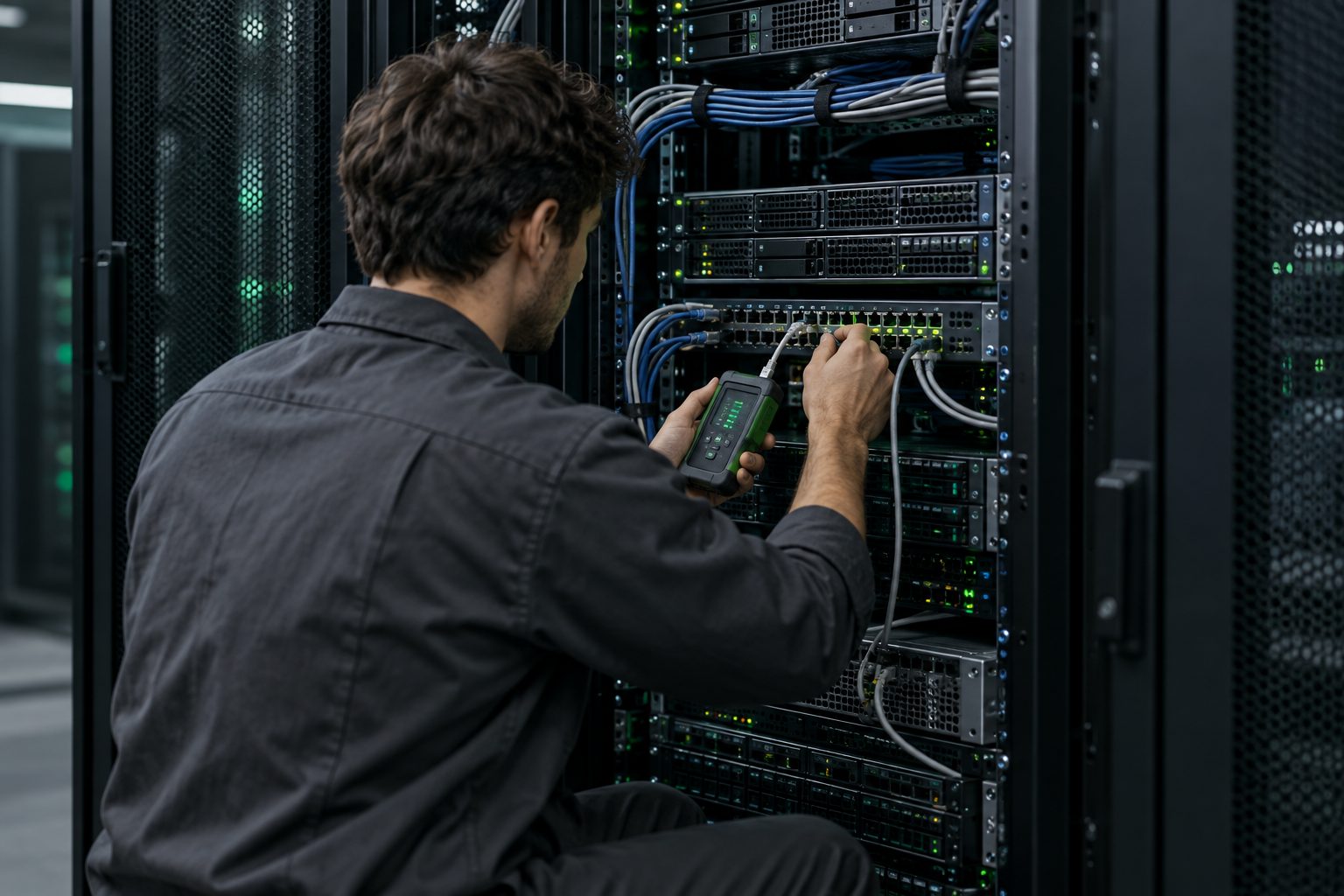 Technician testing connections in a network rack