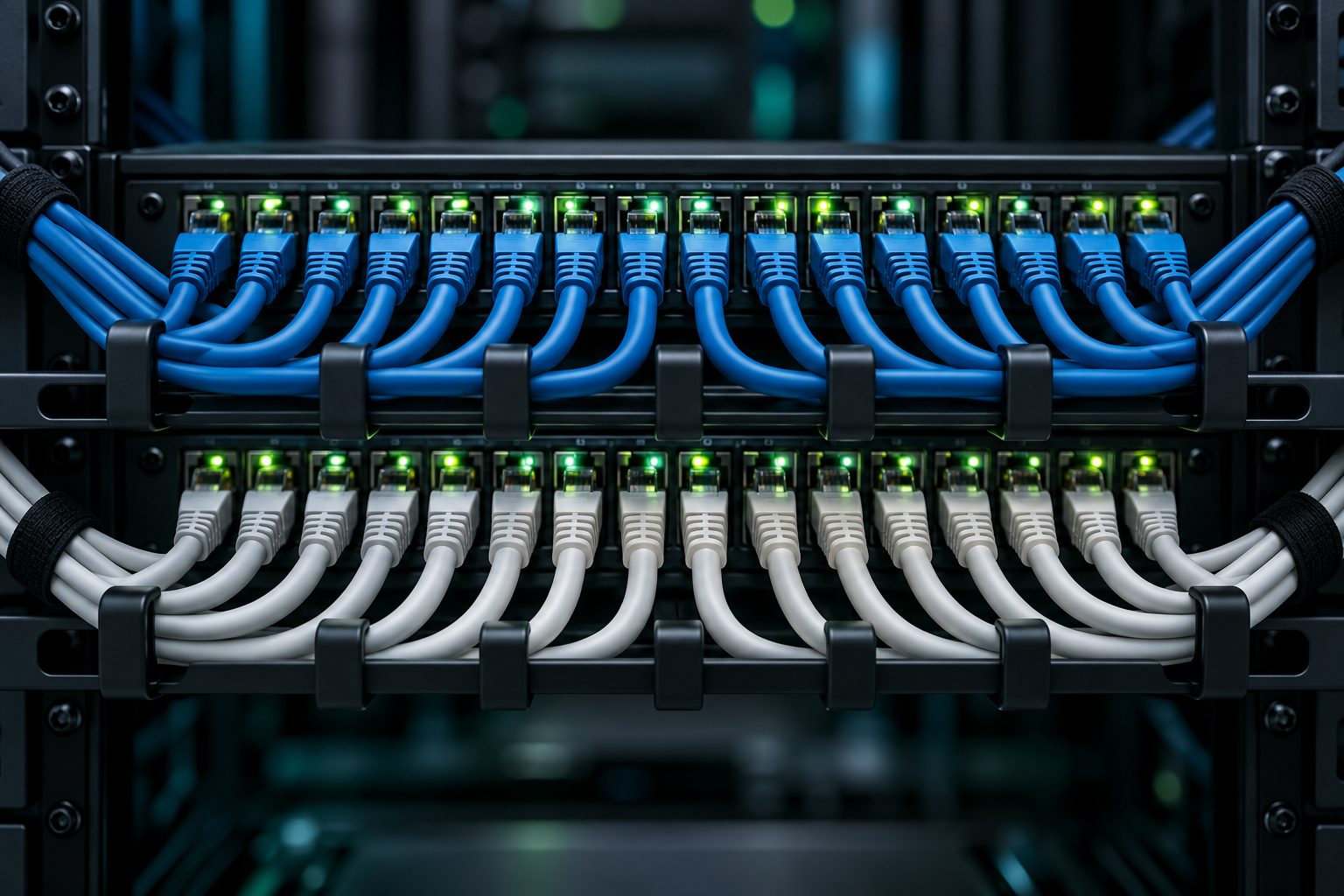 Patch panel with neatly dressed CAT6 cables