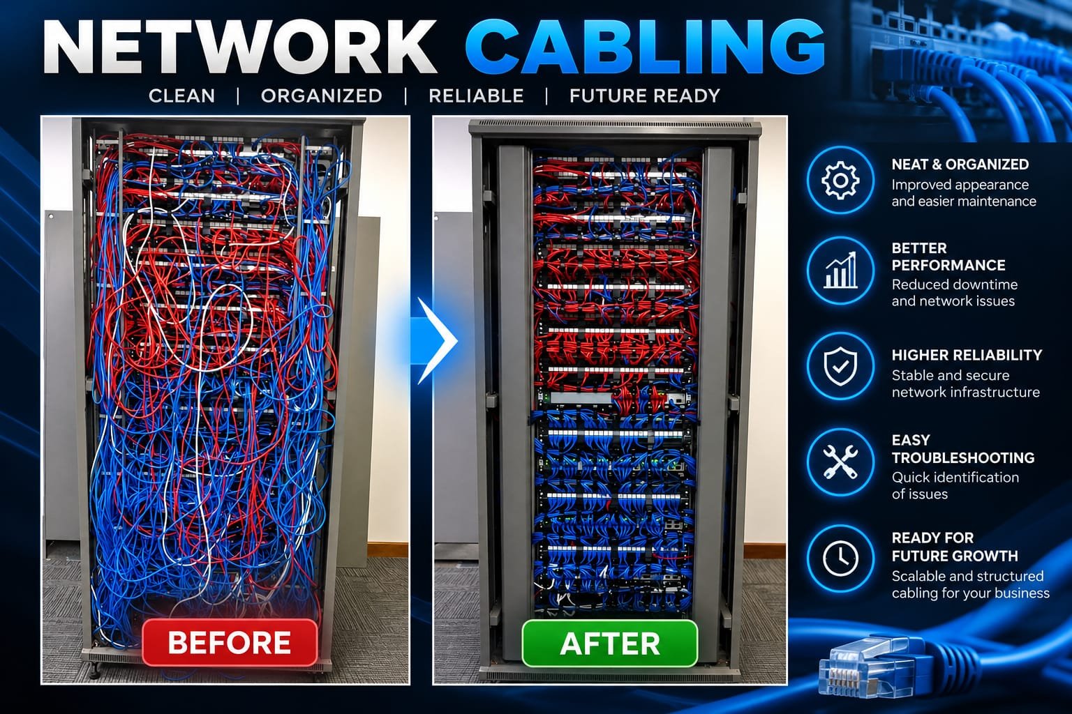 Full-height network cabinet cable cleanup and reorganization before and after