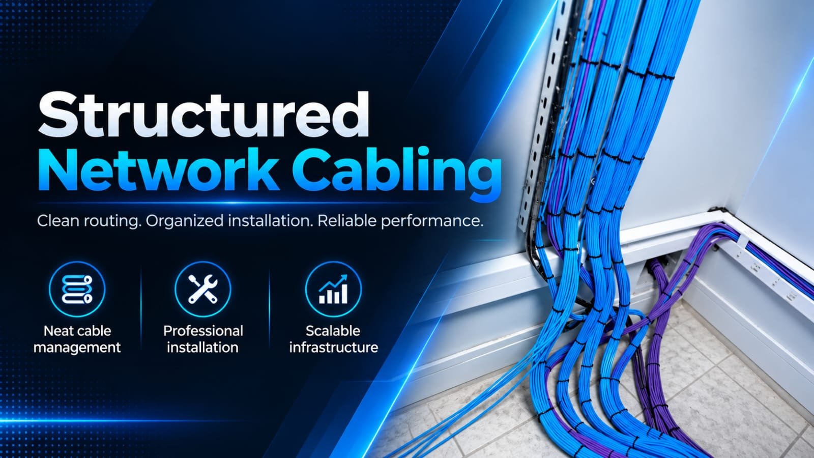 Structured Ethernet network cabling bundle routed neatly into wall trunking