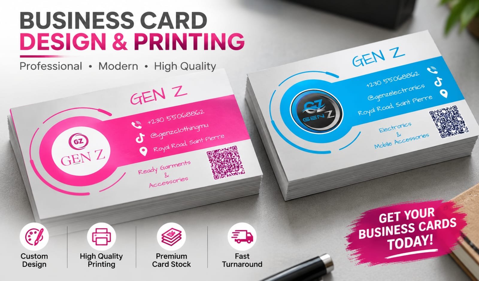 Modern colorful business card design with QR code for GEN Z Electronics