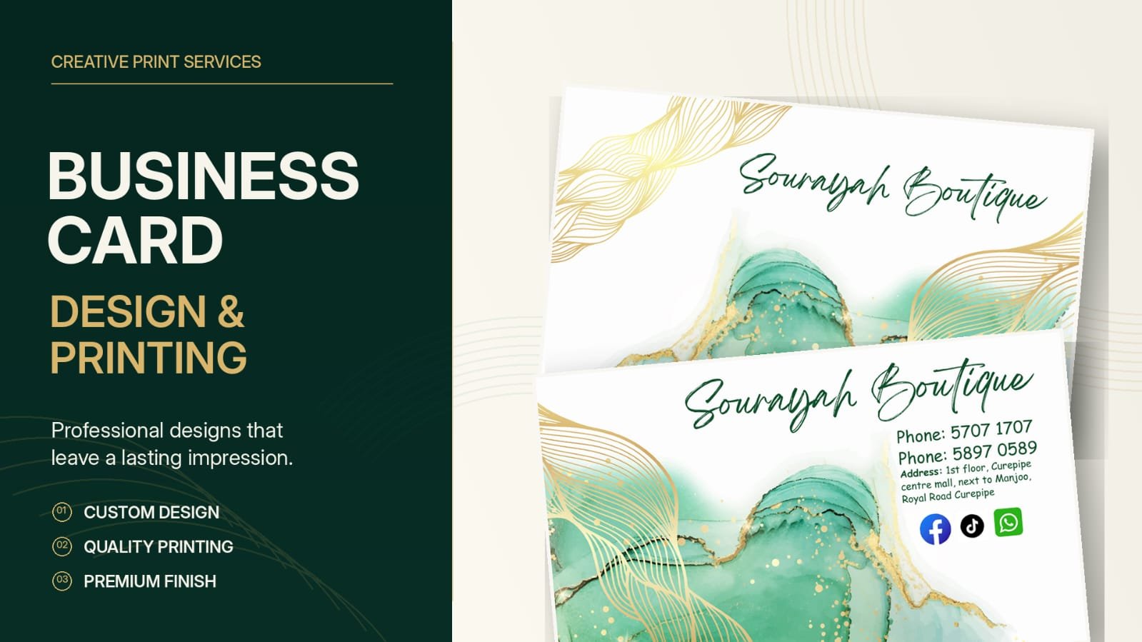Souriyah Boutique luxury dark green business card design and printing