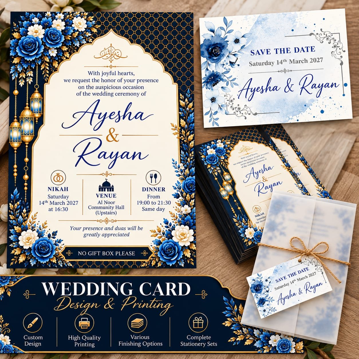 Royal blue and gold foiled wedding invitation cards design and printing