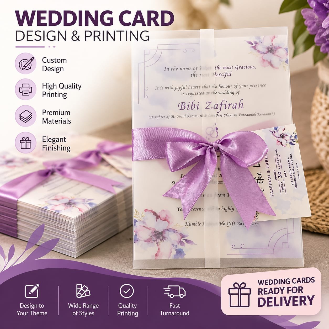 Luxury wedding invitation cards with silk ribbon, wax seal and presentation box